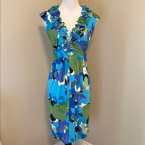 Maggy London Blue and Green Plunge Neck Midi Dress